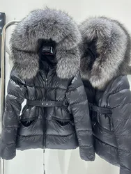 Down Coats Women Winter Black White Hooded Fur Collar White Duck Down Puffer Thick Jacket with belt Slim Clothing