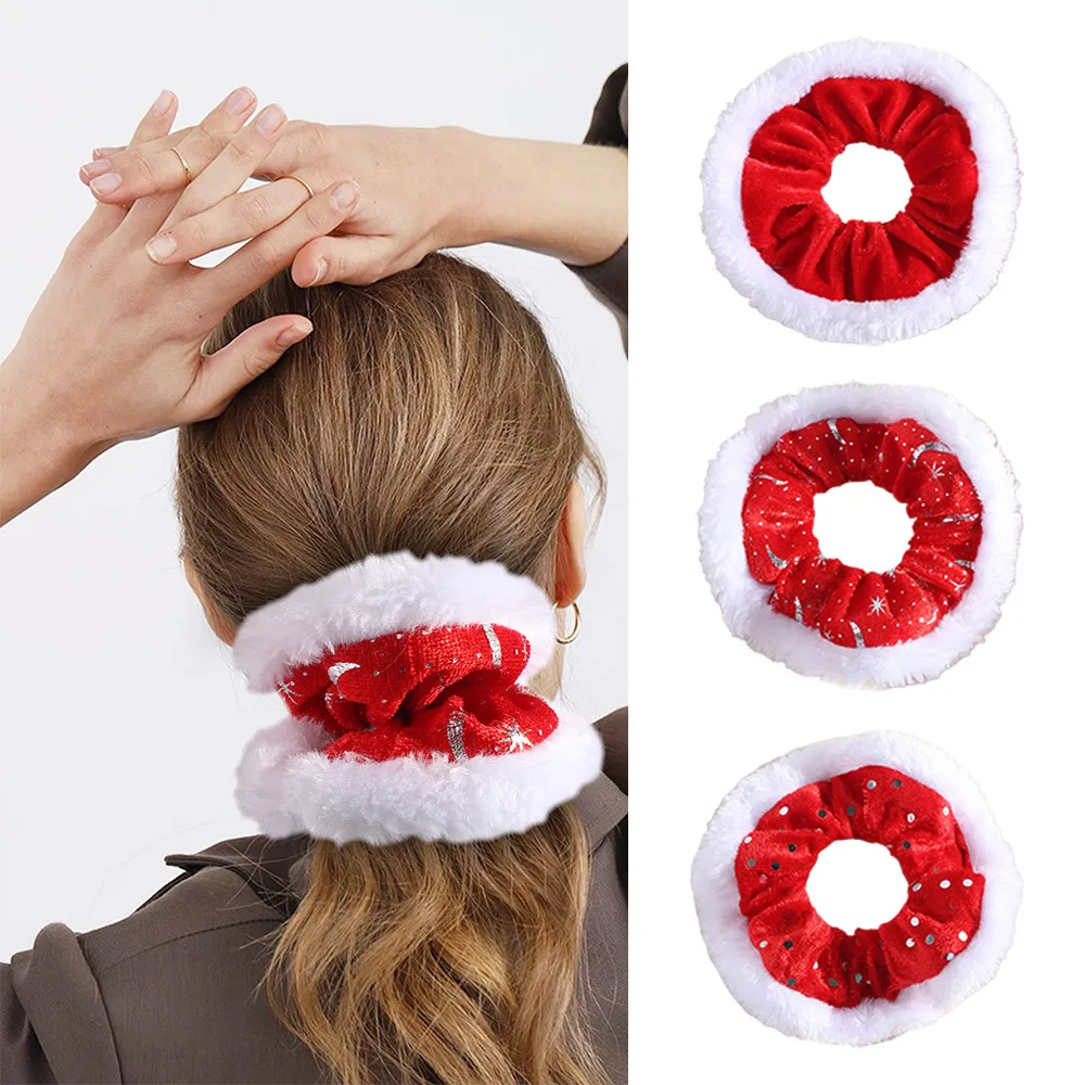 Veludo de pelúcia natal corda de cabelo neve alta elasticidade ano novo scrunchies vermelho & branco glitter feminino anel de cabelo