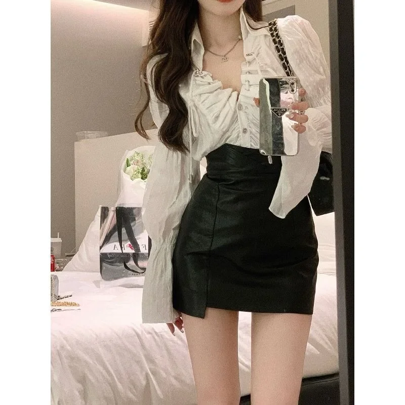 

QWEEK Korean Style V Neck Shirt Lace Up Elegant and Youthful Woman Blouses Flare Sleeve Solid Color Chic Luxury Clothes Autumn