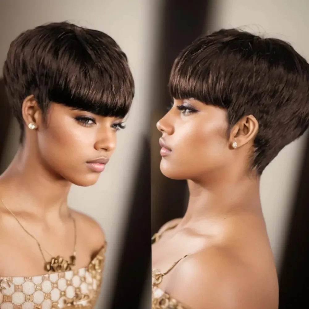 여성용 짧은 가발 부드러운 인모 레이어드 가발 앞머리 포함 풀 머신 메이드 가발