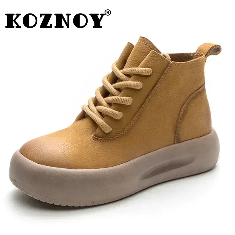 Koznoy 4.5cm Suede Genuine Leather Ankle Booties Plush Shoes Women Platform Wedge Autumn Boot Flats Thick Sole Motorcycle Winter