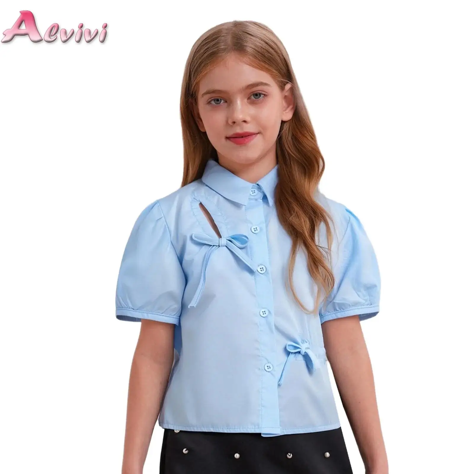 

Cute Bowknots Blue Shirt for Kids Girls Turn-Down Collar Short Sleeves Button Blouse Top for School Birthday Party Holiday Beach