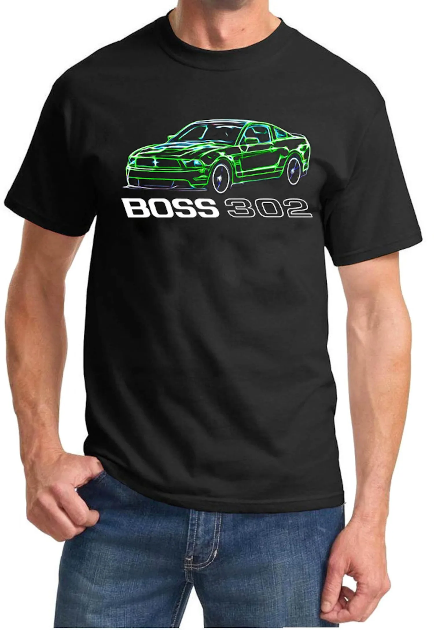 

328@EY 2012 For.ds Boss 302 Mus.tangs Neon Design Full Color Tshirt Men's and Women's Short-Sleeved Car Lovers T-shirt with for