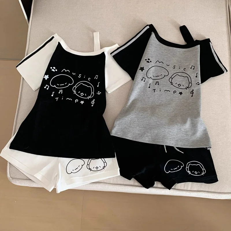 Japanese Kawaii Cartoon Printing T Shirt Women Y2K Aesthetic Harajuku Tops Summer Cute Contrast Skew Collar Casual Loose Tees
