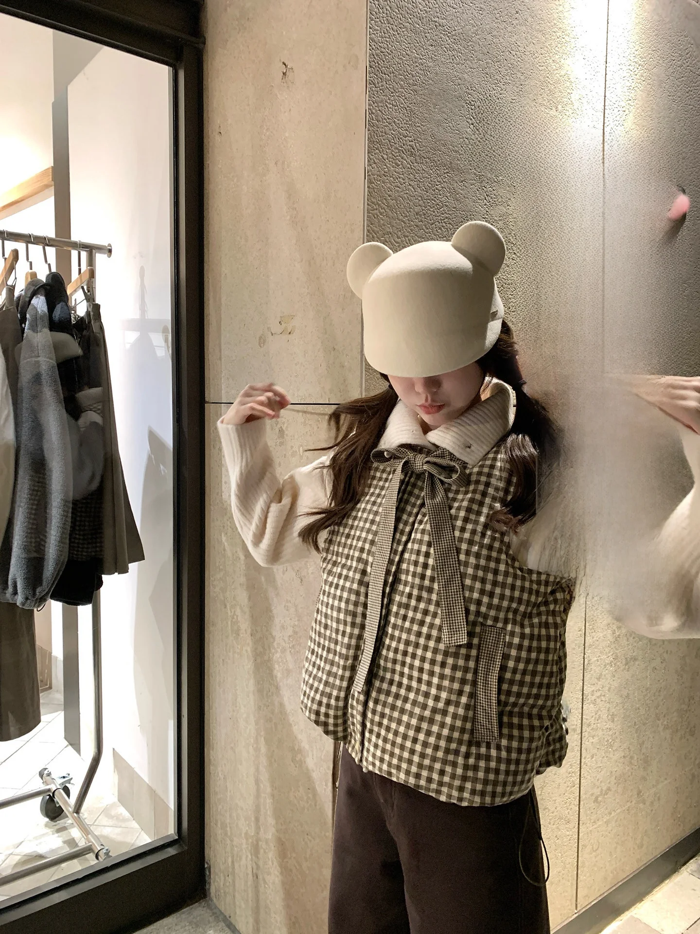 

PtonUmi Brown Plaid Cotton Vest Girl's Faion Autumn Winter Warmth ort Outerwear Knot round Ne Zipper No Hat