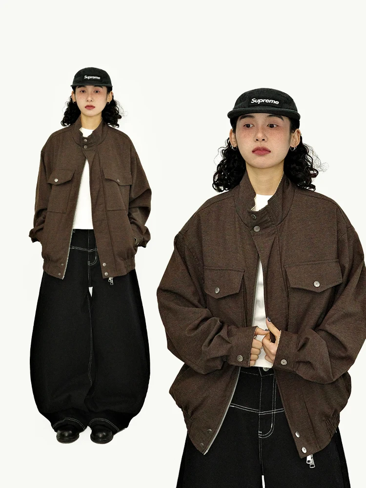 

Gulu Oh 2026 Spring American Old Money Style Open Cardigan Jacket Couple CleanFit Vintage Brown Outerwear Polyester Cotton Blend