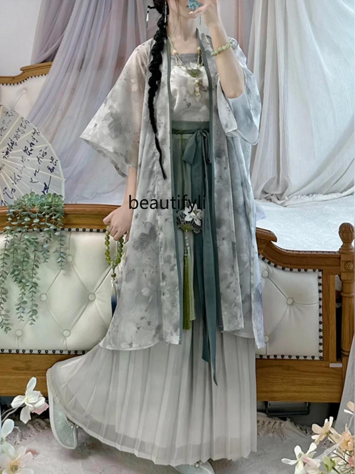 

Song Style Women's Han Chinese Clothing Long Gan Temple Waist Pleated Skirt New Chinese Style Daily Spring and Summer Style