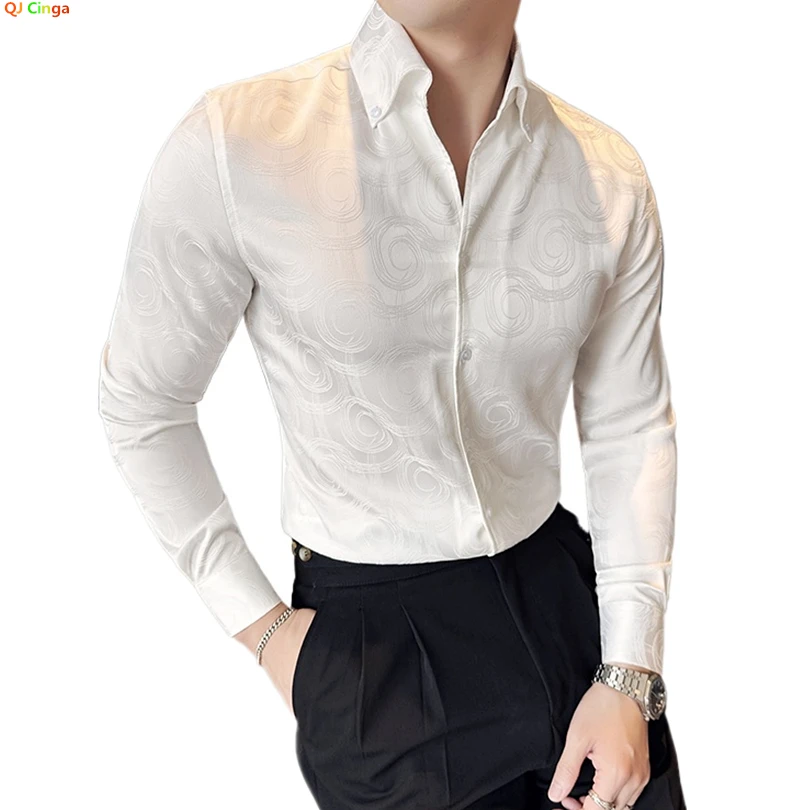 2026 Men's White Long-sleeved Shirt, Single-breasted Square Collar Geometric Pattern Shirts Fashion Slim Jacquard Fabric  Tops