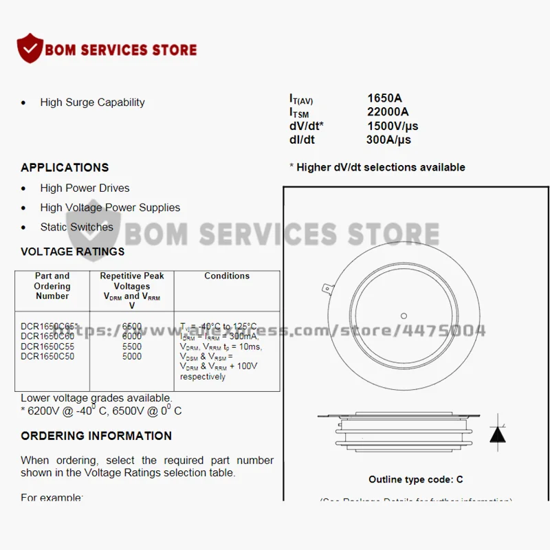 

DCR1950C52 DCR1950C50 DCR1950C48 DCR1650C65 DCR1650C60 DCR1650C55 DCR1650C50 Free Shipping New Original Thyristor