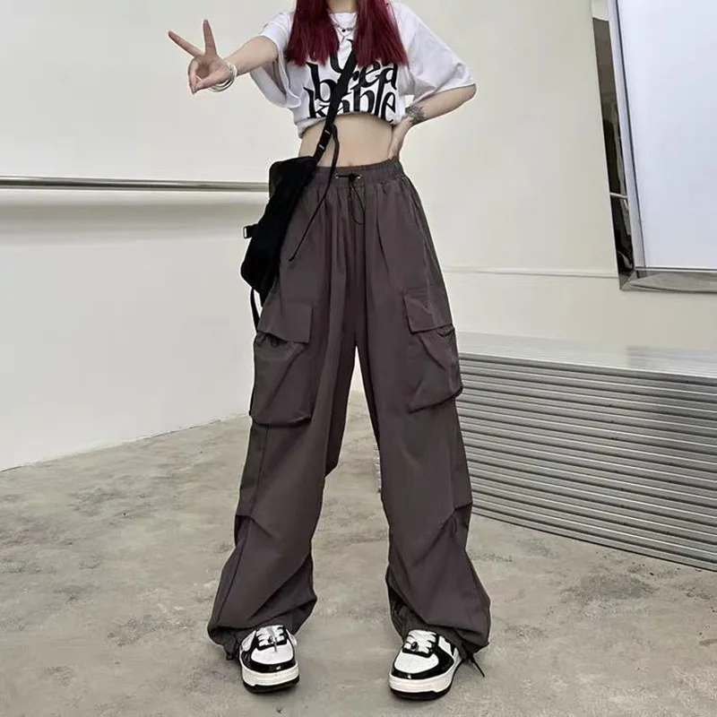 Vintage Drawstring Baggy Cargo Pants Women Summer Y2k Casual Streetwear Loose Wide Leg Trousers Elastic Wasit Pockets 2023