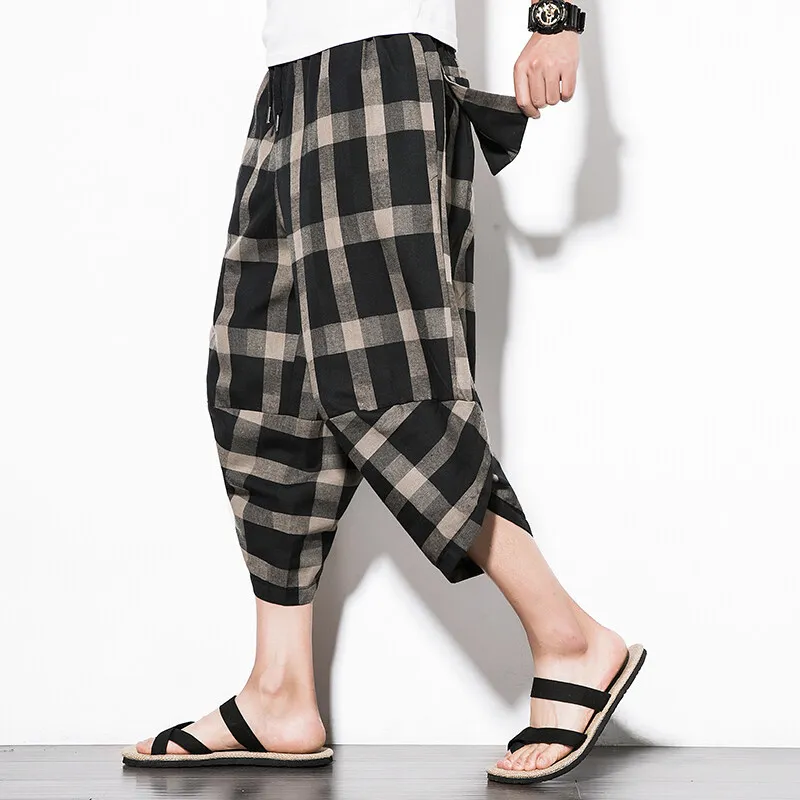 

Plaid Harem Pants Men's Jogging Pants Sweatpants Japanese Street Cotton Men's Pants Work Stitching Calf-length Pants