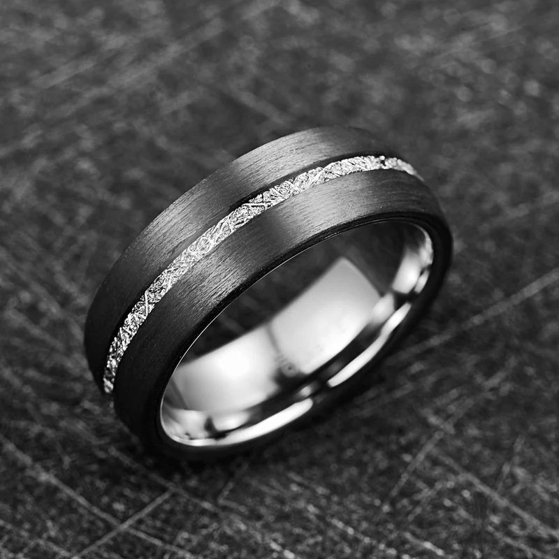 BONLAVIE 8mm Width Men\'s Tungsten Carbide Ring Inlaid Carbon Fiber + Imitation Vermiculite Tungsten Steel Ring Wedding Band Ring