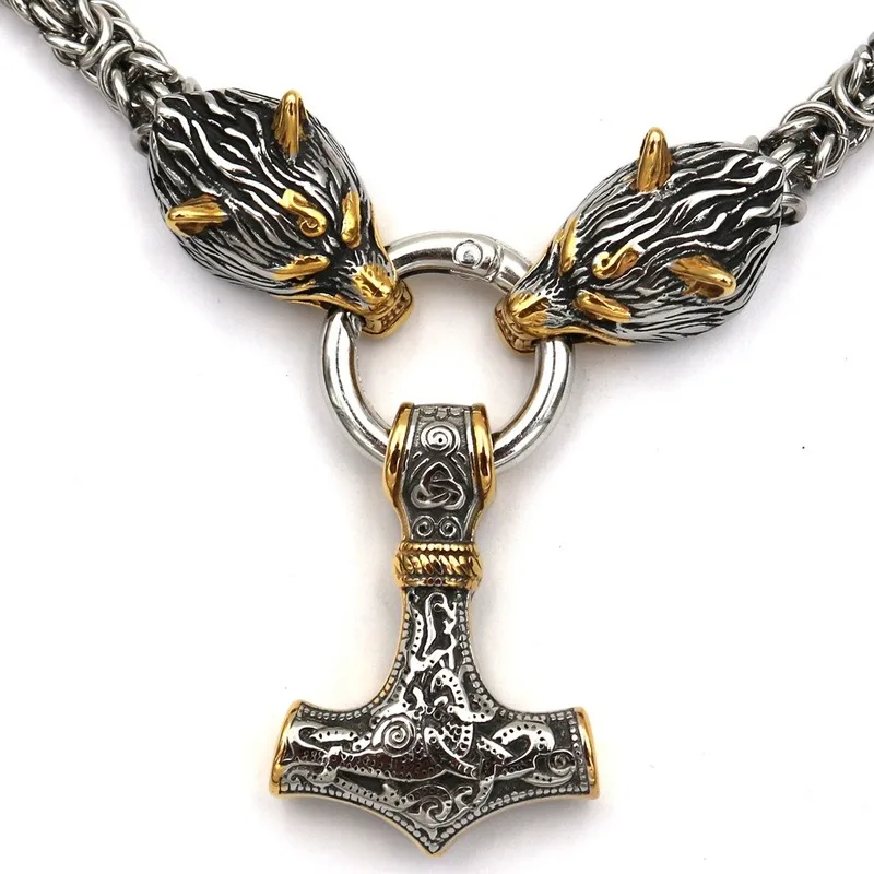 NEW 80cm EDC Self defense Gold Nordic Viking Quake Necklace Men\'s Wolf Pendant Bracelet Outdoor Stainless Steel Handmade Chain