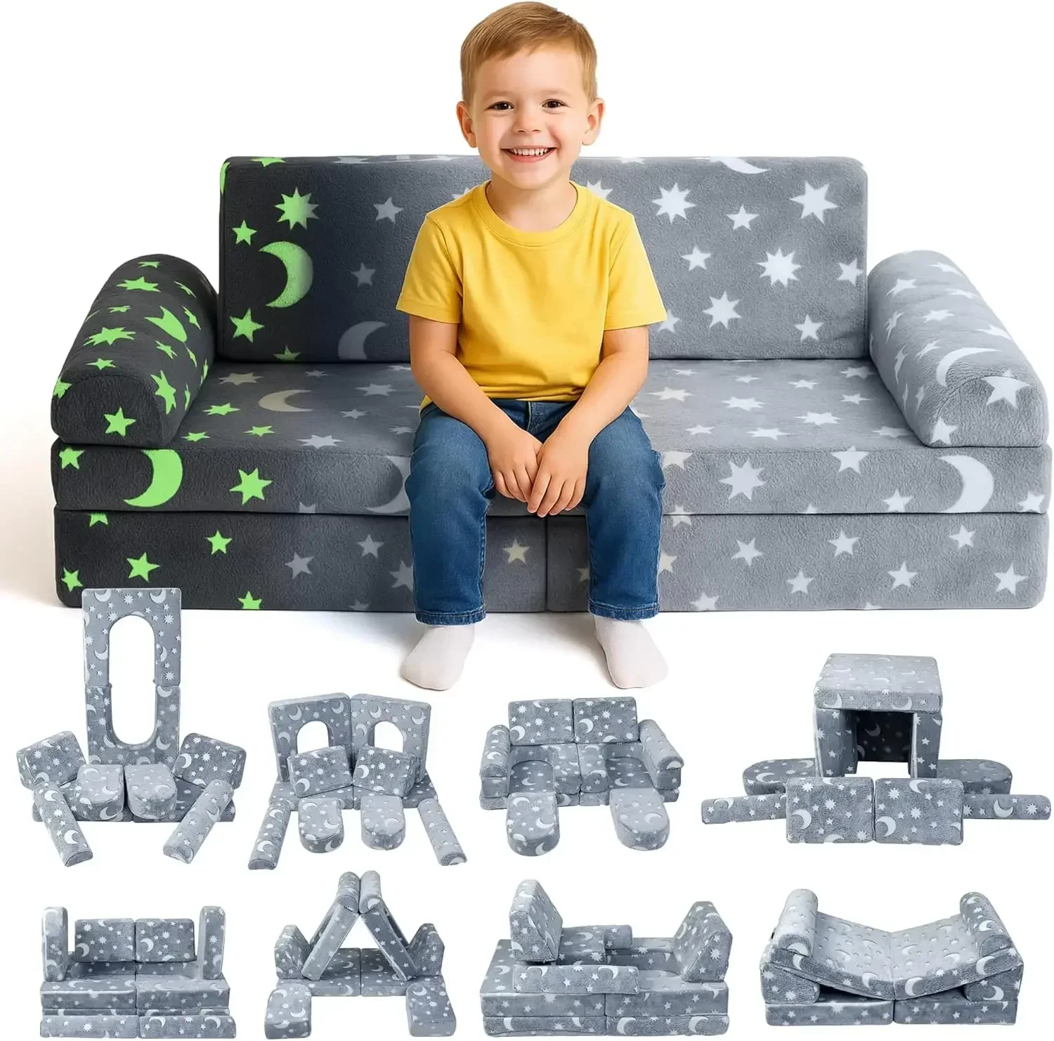 

2-Seater Modular Kids Play Couch – 10pc Glow in The Dark Creative Kids Couch for Playroom, Living Room, and Bedroom Fortplay – C