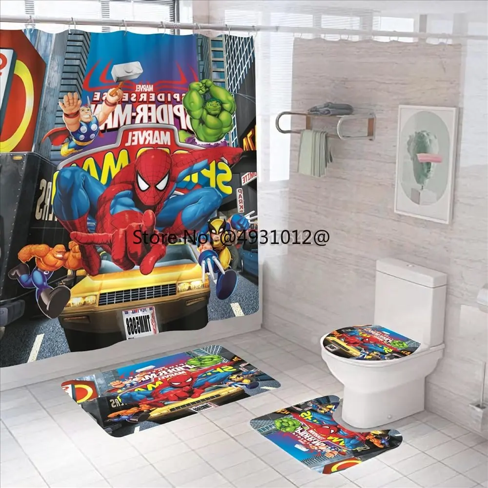 Anime Avengers Spiderman Shower Curtain Carpet Toilet Cover Cartoon Bath Mat Rug Pad Set Bathroom Decor Kids Gifts