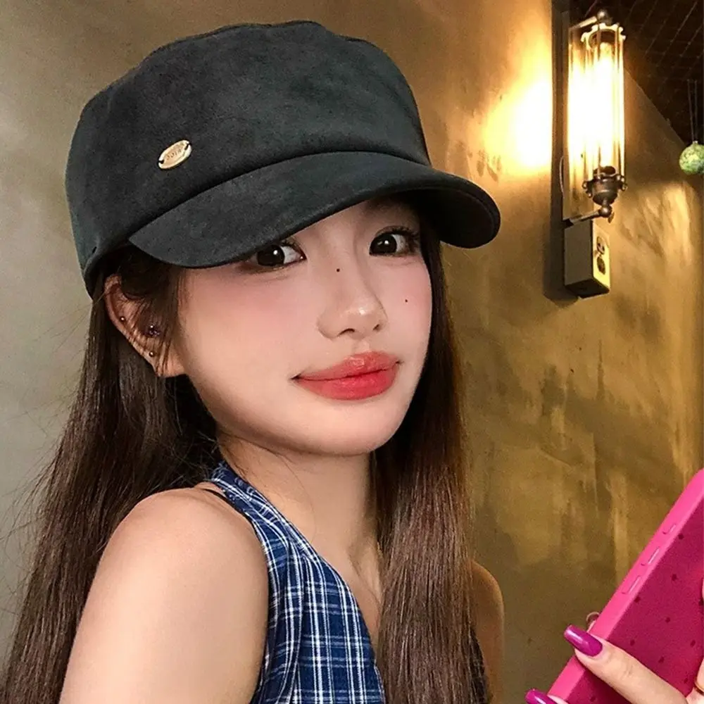الرجعية خمر الجلد المدبوغ قبعة Y2k الفنان الرسام القبعات شقة حافة تنوعا قبعة قبعة المرأة #4