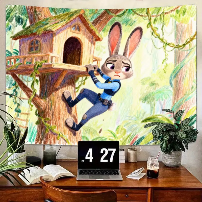 

1PC Disney Zootopia Judy Hopps Adventurous Treehouse Scene Tapestry Polyester Wall Art Kids Room Living Room Decor Gift for Fans
