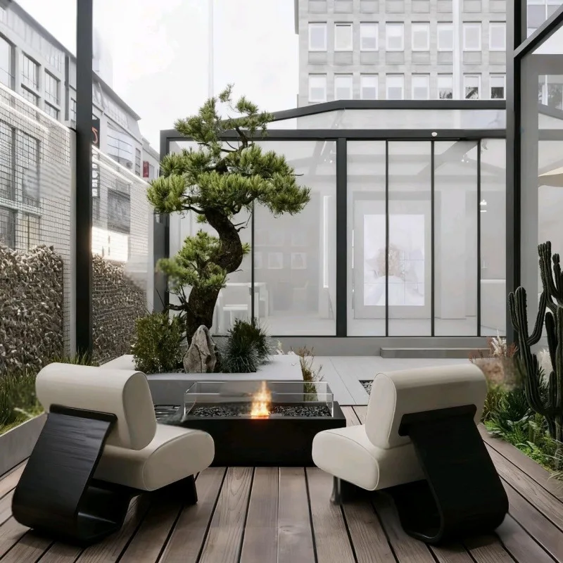 Outdoor sofa stainless steel terrace minimalist sofa hotel lobby reception area black and white color scheme curved sofa