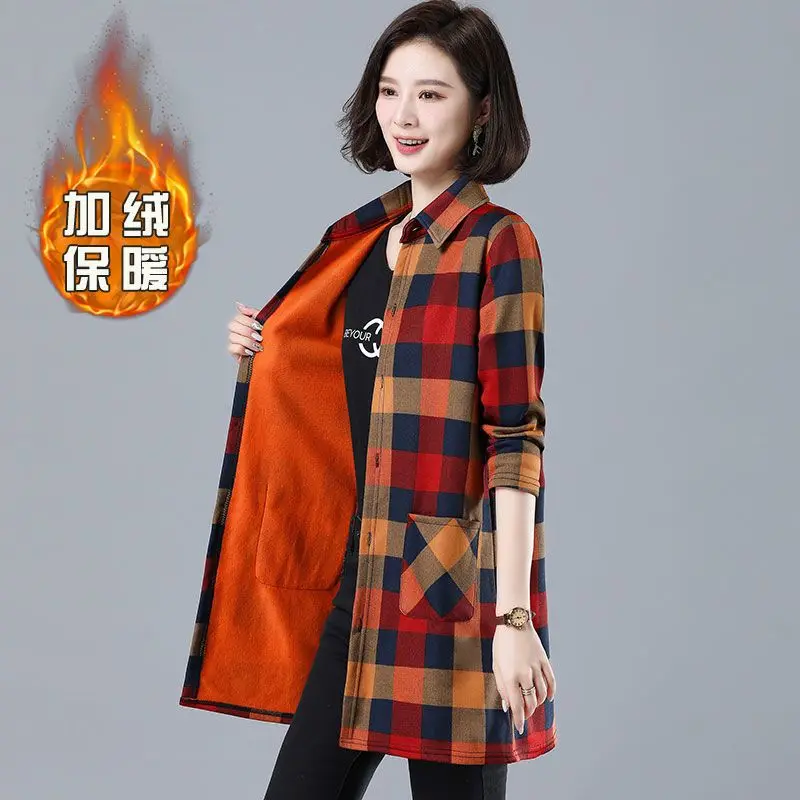 Autumn Winter New Pockets Patchwork Plaid Blouse Fleece Long Sleeve Polo Neck Loose Shirt Tops Casual Vintage Women Clothing