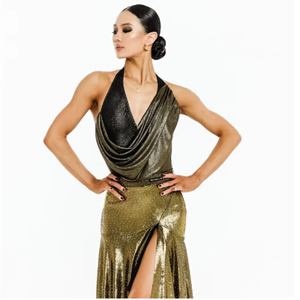 Traje de baile latino para adultos, Tops Retro dorados con cuello Halter, falda con volantes y abertura, traje de baile latino Cha, ropa de práctica de Samba Rumba