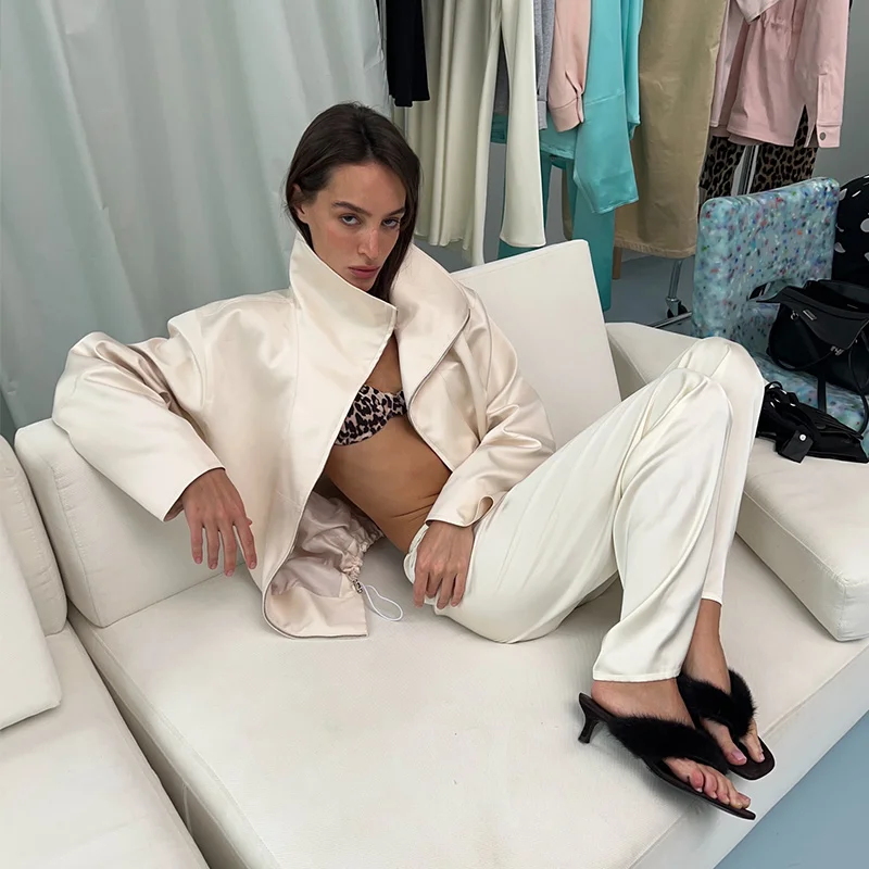 Glänzende Satin-Stehkragen-Mantel-Hosen-Sets für Damen, Streetwear, Langarm-Reißverschluss-Jacke, Weite Hosen, Schickes Damen-Outfit, Neu – Detail 27