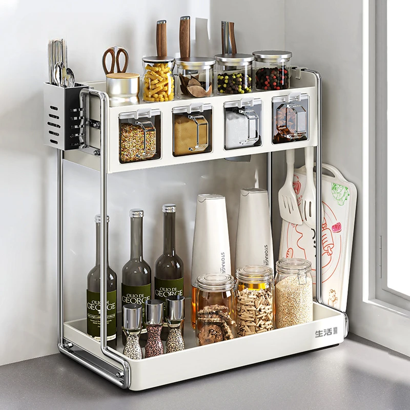 Multifunctional Spice Rack Kitchen Countertop Storage Organizer 2-layers Partition Shelf for Spices Saves Space Home Supplies