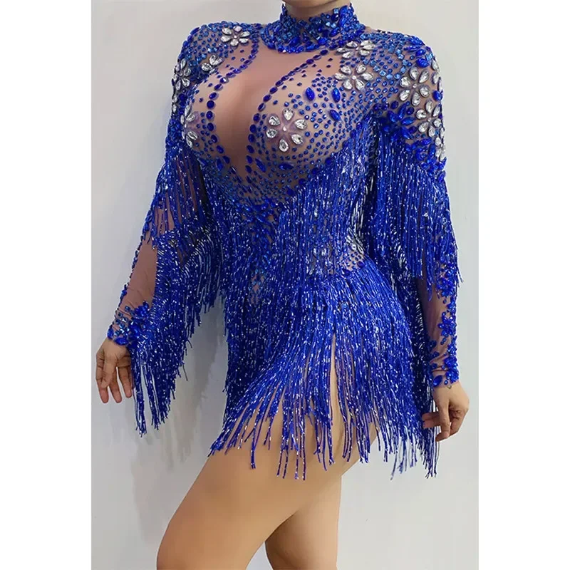 Blue Red Rhinestones Transparent Fringe Sleeve Bodysuit Nightclub Bar Dancer Team Singer Sexy Party Birthday Stage Rave Wear