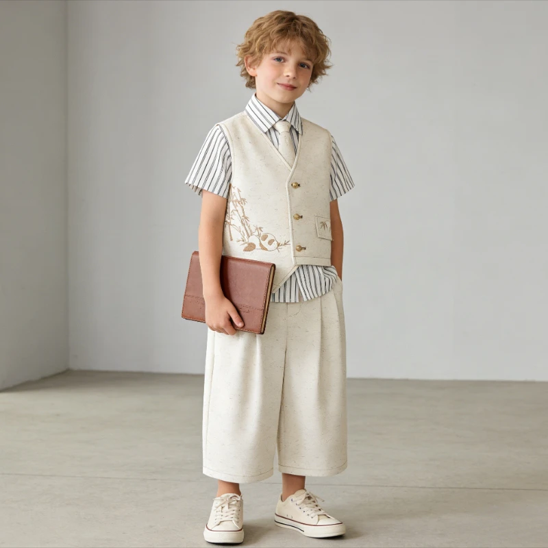 Boys Chinese Style Suit Set Bamboo & Panda Embroidery Vest + Shirt + Pants Kids Formal Outfit for Wedding, Party & Performance