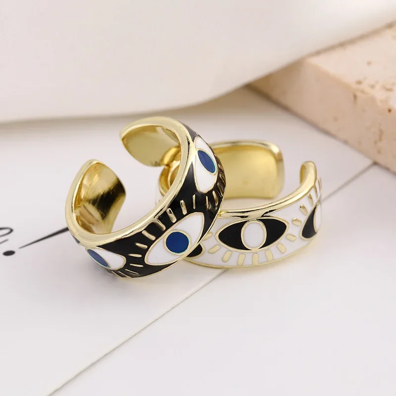 Vintage Gothic Black Evil Eyes Finger Rings for Women Boho Enamel Opening Adjustable Gold Color Mens Ring Trendy Jewelry Gift