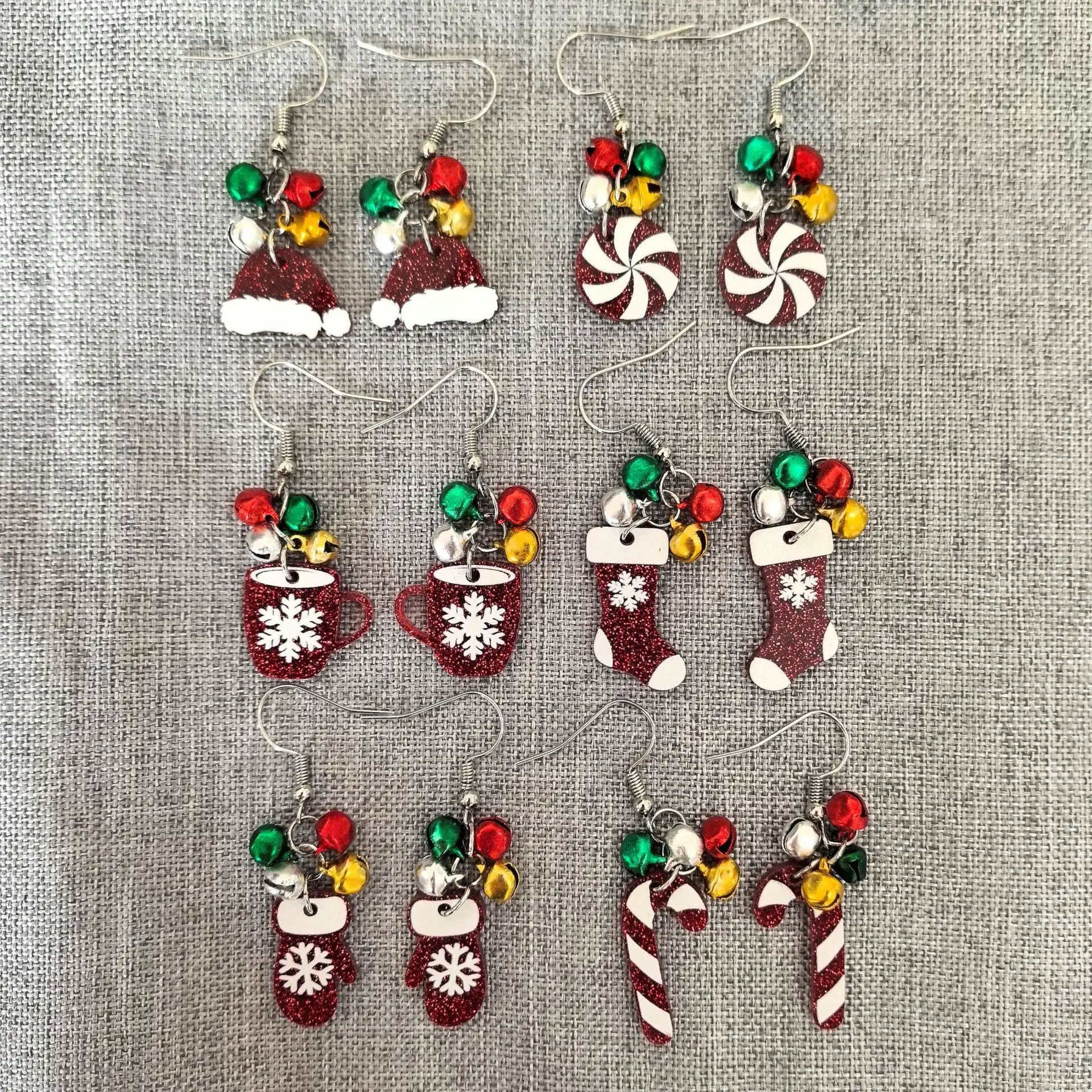 

Red Christmas Theme Sparkling Christmas Hat Socks Gloves Candy Snowflake Cup Pendant Earrings Creative Fun Colorful Bell Earring