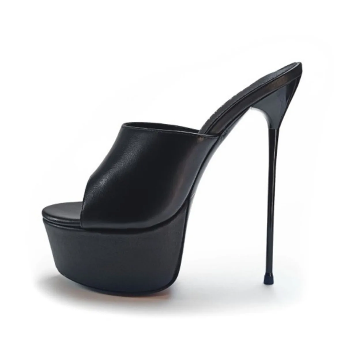 Arden Furtado Summer Black Peep toe Slippers Round toe Platform Super high heel Word slippers Catwalk shoes Modern Mules