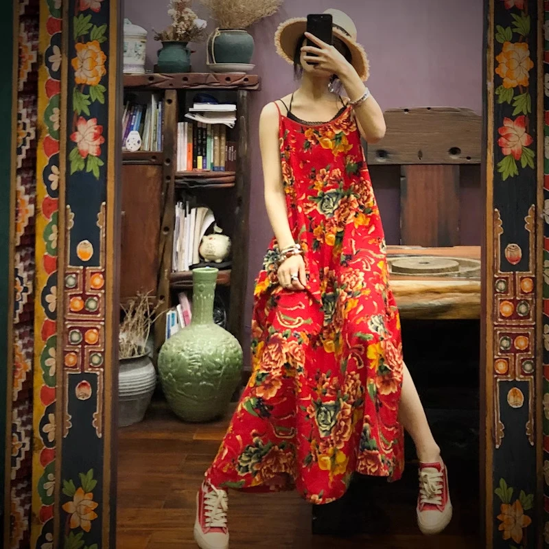 Summer New Sle Loose Cotton Linen Strap Dr Women's Ethnic Loose plus Size Slimming Base Layer Floral Print Long Dr