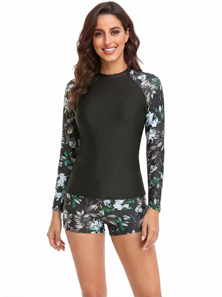 

Two Piece Swimsuit Women 2026 New Solid Print Long Sleeves Sports Swimwear Summer Tankini Shorts Beach Wear Bathing Suit Female