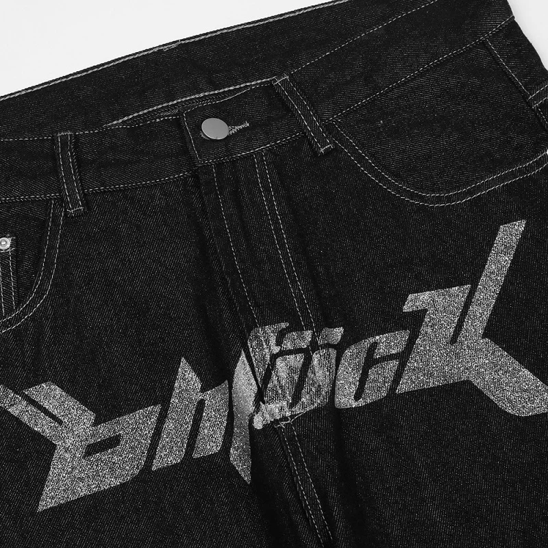 جينز رجالي مطبوع عليه حروف أبجدية على الطراز الأوروبي لعام 2025 Y2k Harajuku سروال مستقيم فضفاض عالي الشارع شخصية غير رسمية داكنة الهيب هوب الأب