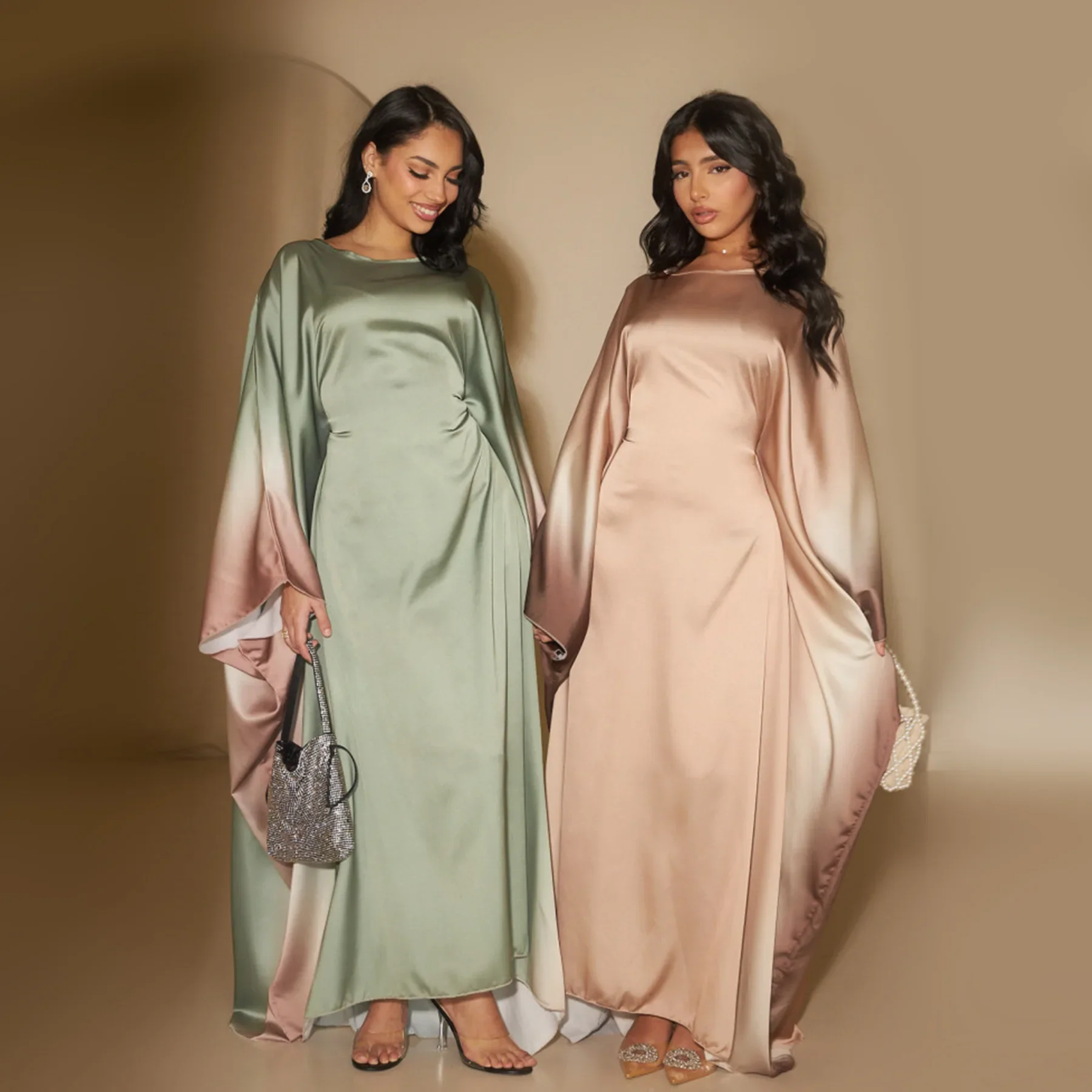 Butterfly Abaya Inside Belt Muslim Party Long Dress Gradient Satin Abayas for Women Dubai Turkey Islamic Clothes Eid Kaftan Robe