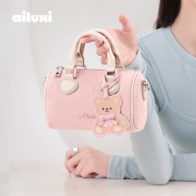 

AILUXI Boston Bowling Bag Women Fashion Handbag Suitable for Gift Shoulder Crossbody Handheld Cute Small Bear Pendent Bag