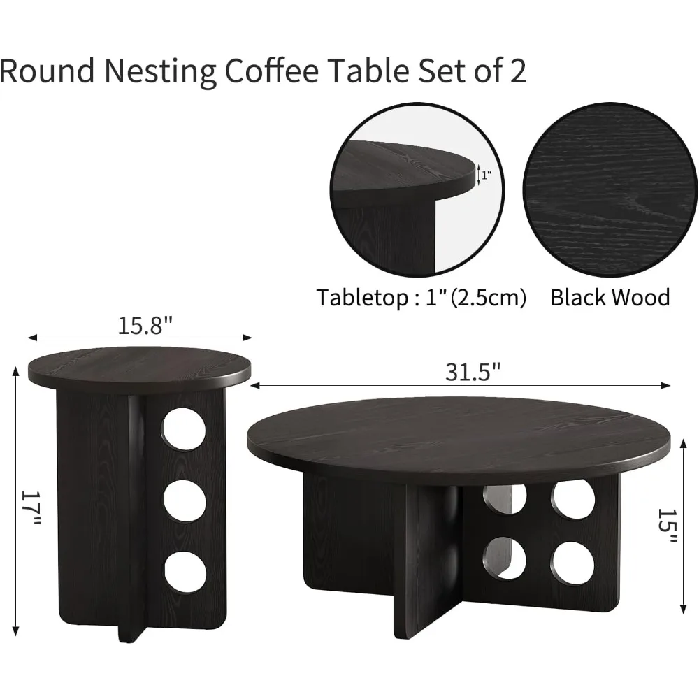 Nesting Coffee Table Set of 2, Modern Wooden Side Coffee Table for Small Space, Black Grain Top with Adjustable Non-S