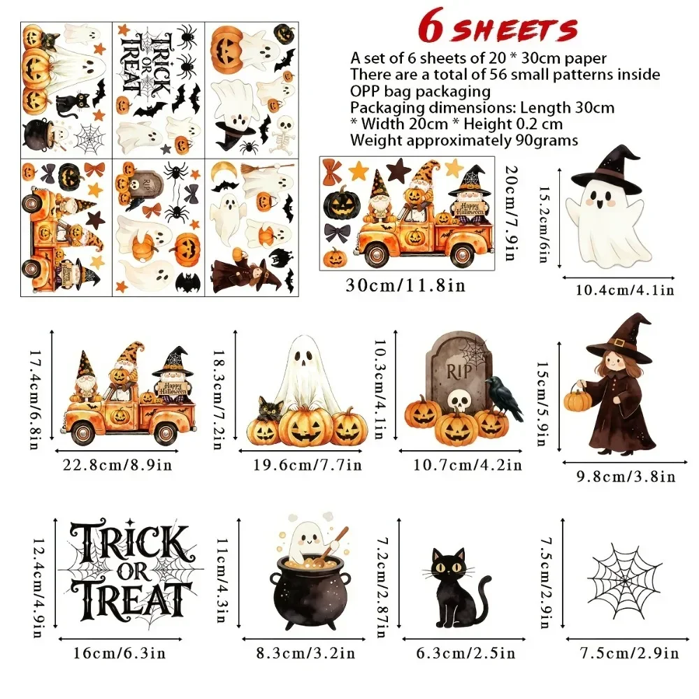6 Blätter mit 56 einzigartigen Designs für Halloween, statische Fensterfolien, Aquarell-Kürbis, Geist, Hexe, Gnom, Lastwagen, schwarze Katze, Spinne – Detail 6