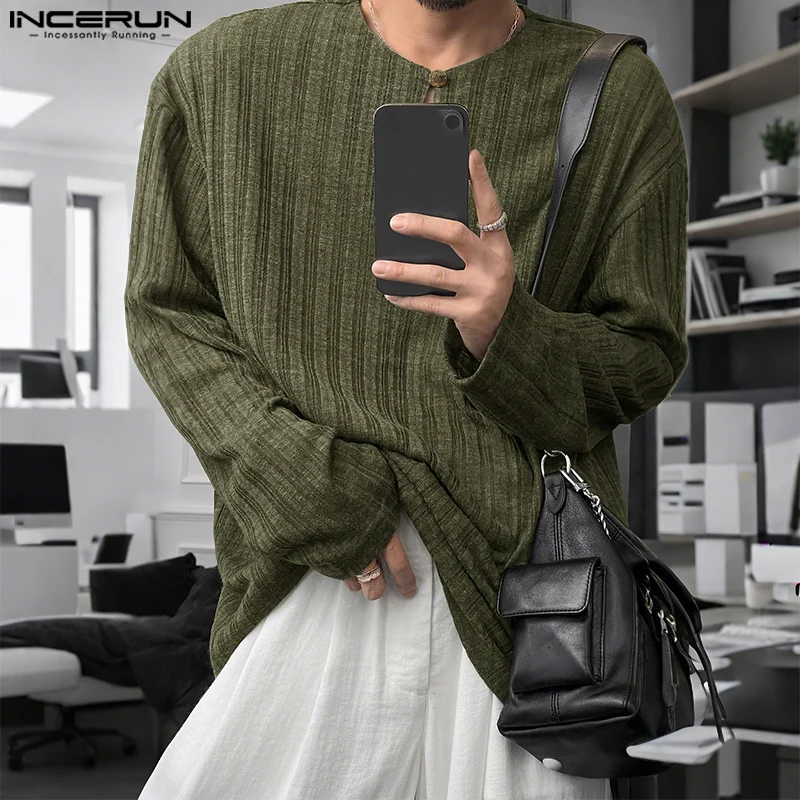 

INCERUN Men T Shirt Solid Color Knitted O-neck Long Sleeve Casual Male Tee Tops Streetwear 2025 Loose Fashion Men Pullovers