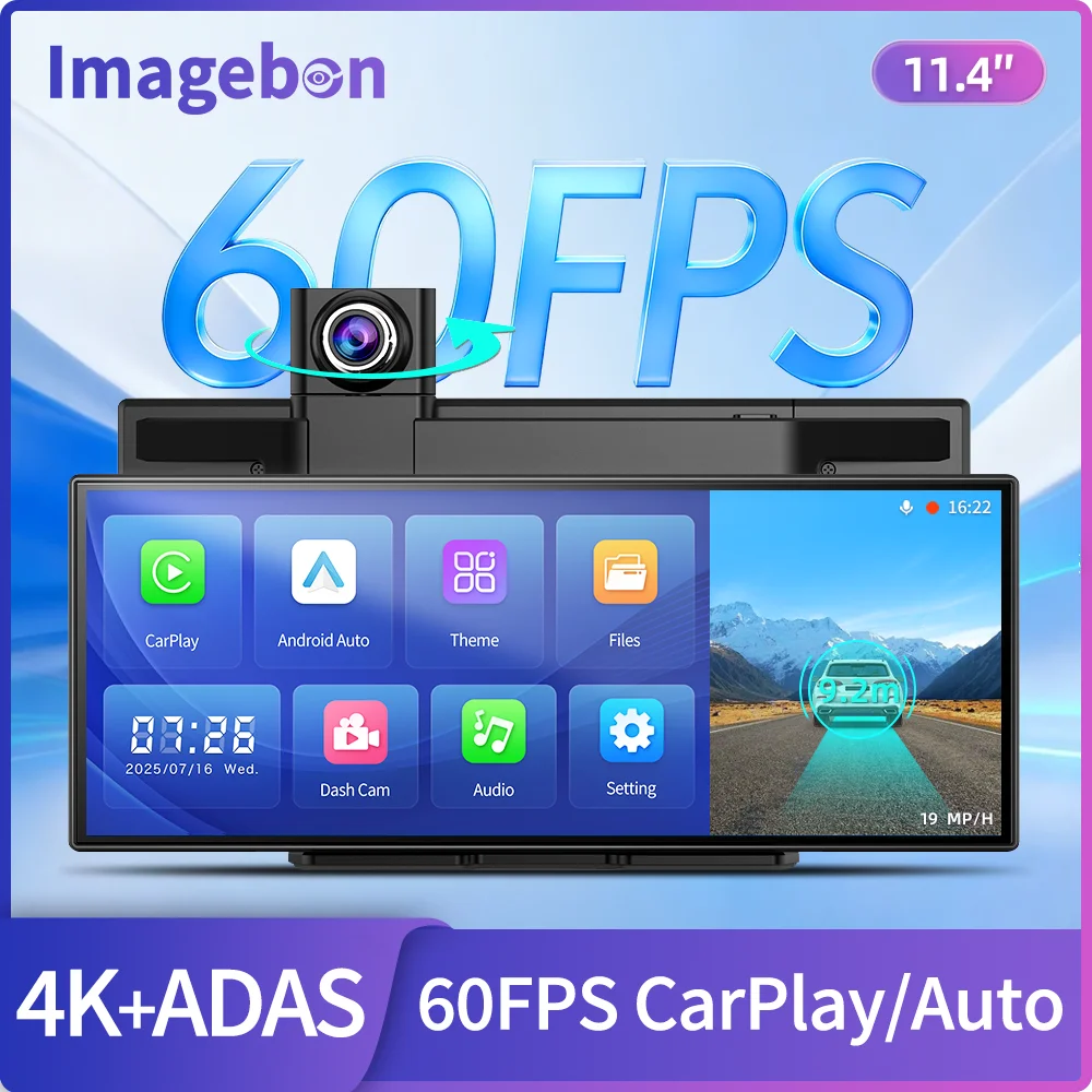 Imagebon H70 Plus Carplay 60FPS 4K Dashcam 11.4″ Wireless Carplay Android Auto Monitor ADAS Car DVR Dual Video Recording