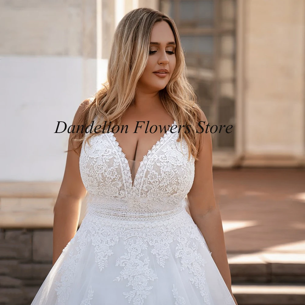 Vestidos De novia De talla grande personalizados para novia, tul sin mangas con apliques De encaje, vestidos De novia Línea A, bata De tren De barrido