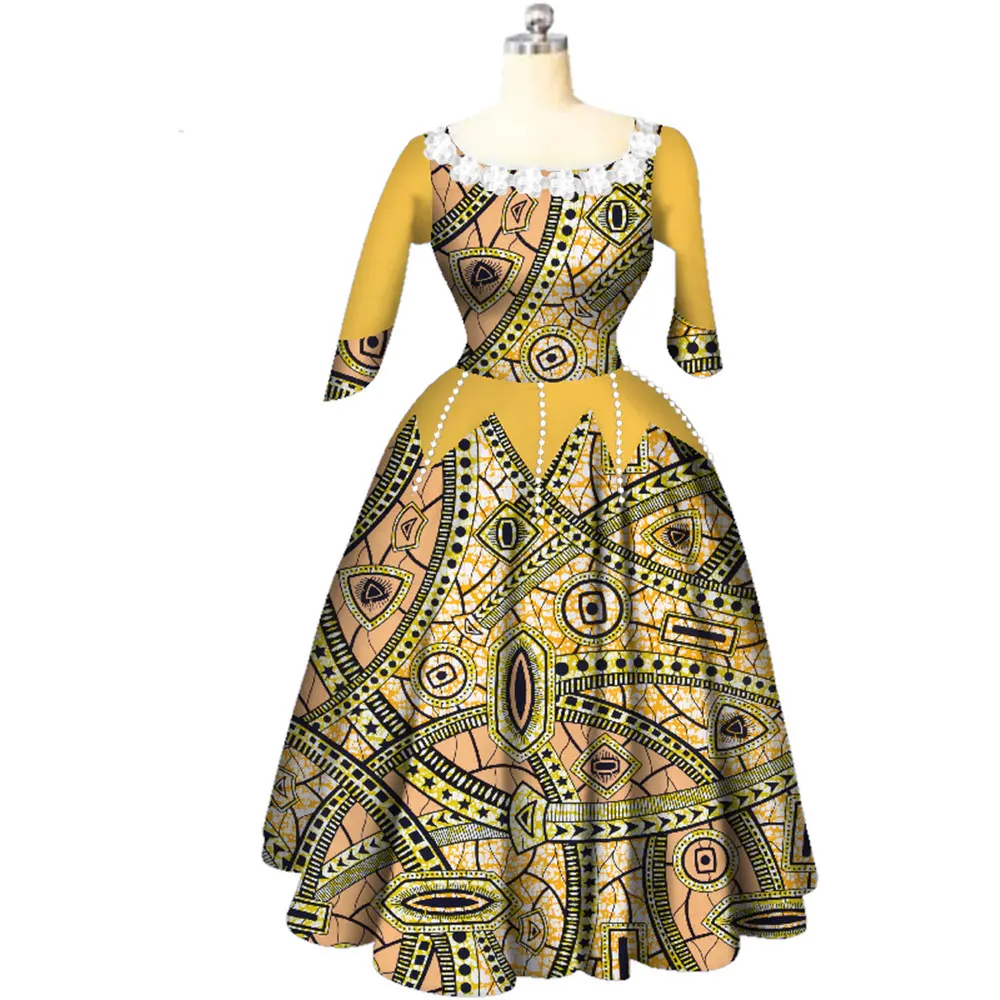 BintaRealWax sukienki afrykańskie dla kobiet Bazin Riche makrama kołnierz długie sukienki pół rękawa rękaw odzież afrykańska WY3707