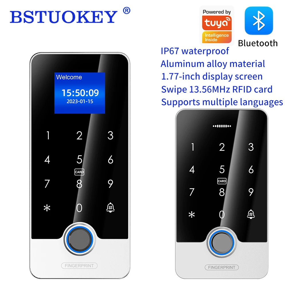 Sistema de Control de Acceso a Puertas con Huella Dactilar Metálico, Compatible con la Aplicación Tuya, Lector de Tarjetas RFID, IP67 Impermeable, Teclado Táctil Metálico, Abrepuertas