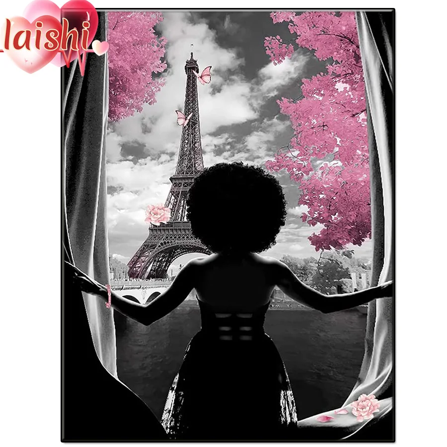 5D Afro-American girl admiring the beauty of the Eiffel Tower in Paris Diamond Painting Full Square Diamond Sale Diamond Mosaic