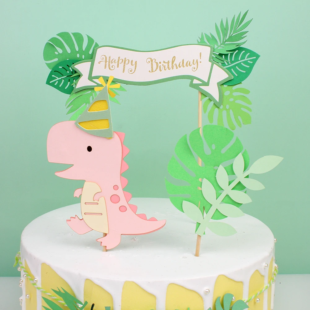 Cute Dinosaur Green Leaf Cake Topper Card Insertion Children's Day Happy Birthday Green Leaf Flag Birthday Party Decorations