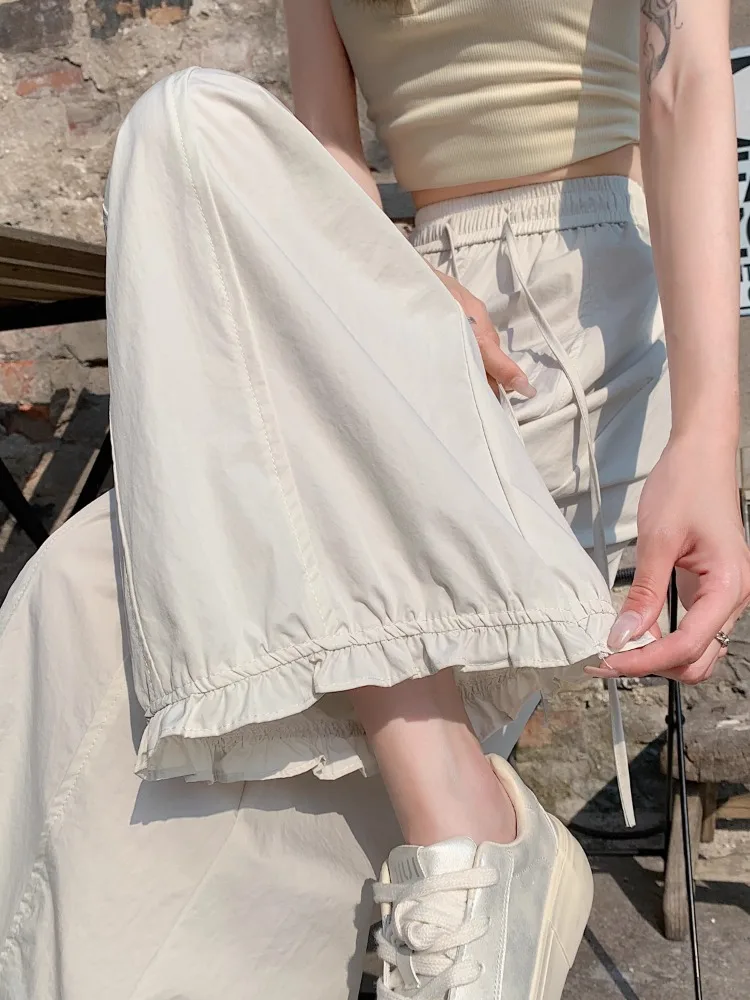 

Casual Ice Silk Quick Dry Nine Flower Bud Pants Women Summer Thin Loose High Waist Drapey Wide Leg Pants Wide Leg Trousers