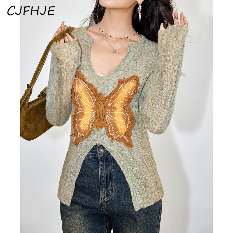 CJFHJE Spring Women's Gradient Knitted Shirt Korean Fashion Design Butterfly Patch Embroidery Slim Fit Women Sweet Knitted Top