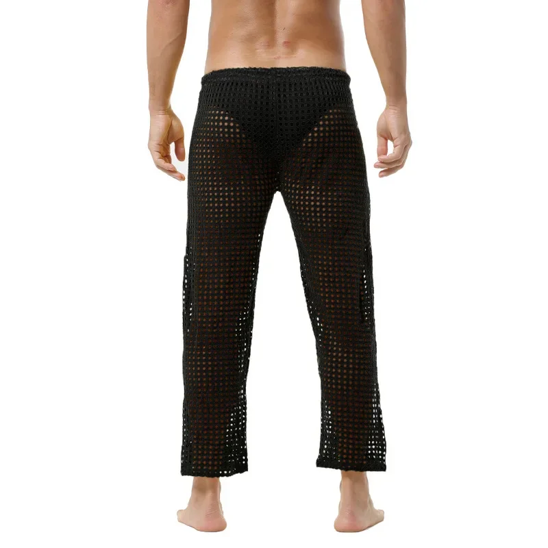 Men\'s Sexy Mesh Fishnet Jogging Pants Sport Loose Breathable Casual Long Pants Male Hollow Out Lounge Sleep Bottoms Men Clothing