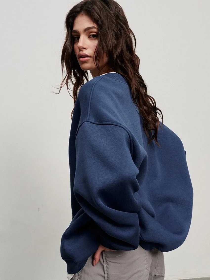 Round Neck Pullover Hoodie Mid Length Alternative Street with Loose Fit Single Regular Thickness Streetwear Women Sweatshirts