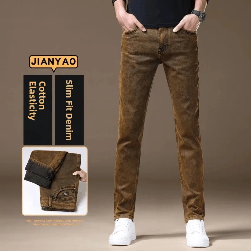 

Высококачественные мужские джинсы прямого кроя, зауженные, с высокой посадкой, модные, городские, повседневные, из смесовой хлопковой ткани